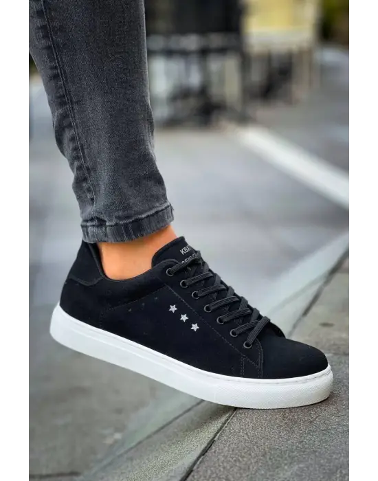 Tb-x7  Terzi Bey Siyah Süet Yüksek Beyaz Taban Bağcıklı Günlük Erkek Ayakkabı