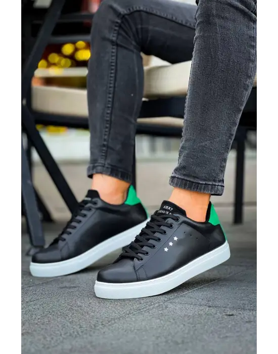 Tb-x7  Terzi Bey Siyah Yeşil Yüksek Beyaz Taban Bağcıklı Günlük Erkek Ayakkabı