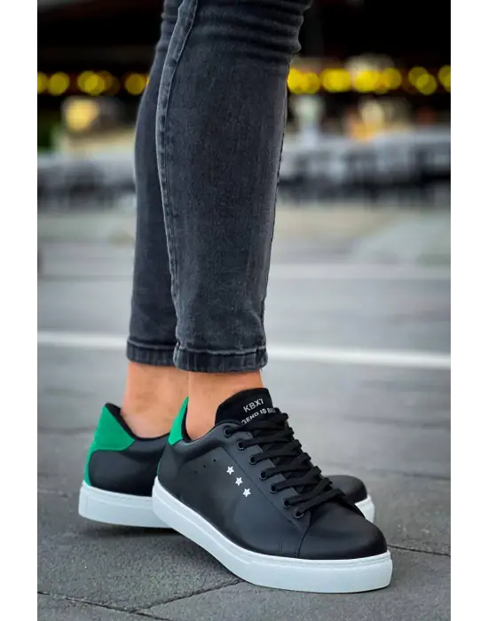 Tb-x7  Terzi Bey Siyah Yeşil Yüksek Beyaz Taban Bağcıklı Günlük Erkek Ayakkabı