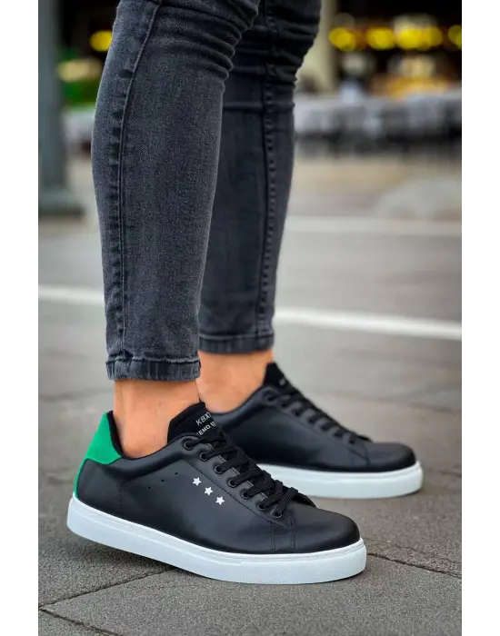 Tb-x7  Terzi Bey Siyah Yeşil Yüksek Beyaz Taban Bağcıklı Günlük Erkek Ayakkabı