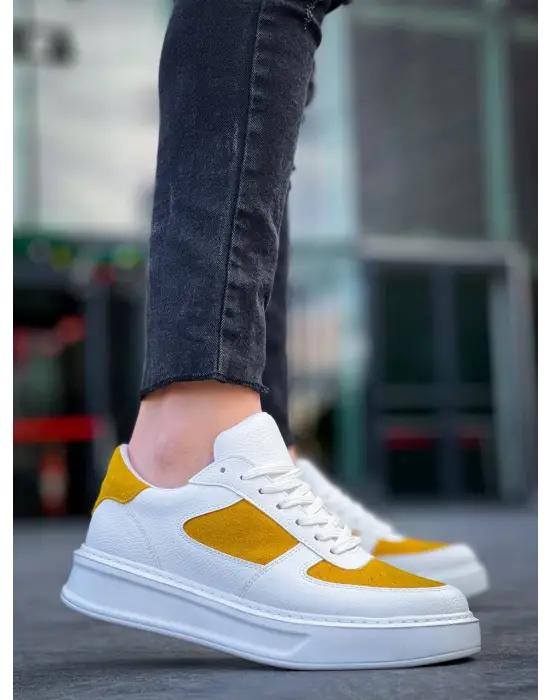 Tb-x8 Terzi Bey Beyaz Cilt Sarı Süet Detaylı Beyaz Yüksek Taban Günlük Spor Ayakkabı