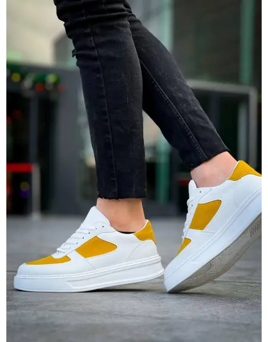 Tb-x8 Terzi Bey Beyaz Cilt Sarı Süet Detaylı Beyaz Yüksek Taban Günlük Spor Ayakkabı