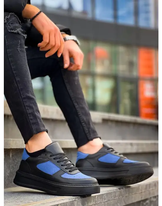 Tb-x8 Terzi Bey Siyah Cilt Mavi Süet Detaylı Siyah Yüksek Taban Günlük Spor Ayakkabı