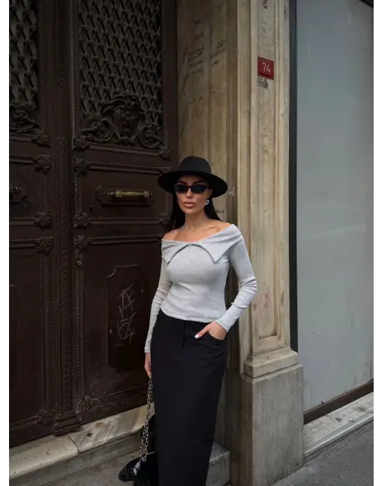 Kelebek Yaka Uzun Kol Bluz Gri