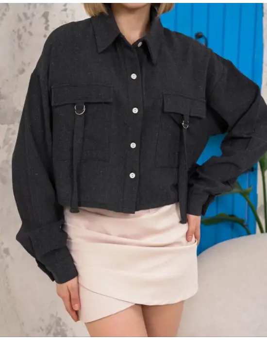 Kemer Cepli Keten Crop Gömlek Siyah S255350