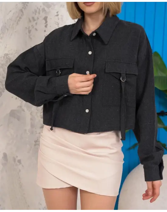 Kemer Cepli Keten Crop Gömlek Siyah S255350