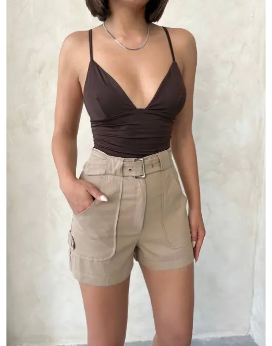 Kemer Detaylı Gabardin Şort Bej S25289