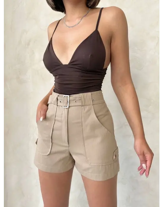 Kemer Detaylı Gabardin Şort Bej S25289