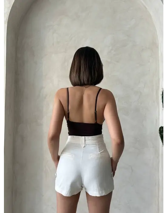 Kemer Detaylı Gabardin Şort Krem S25289