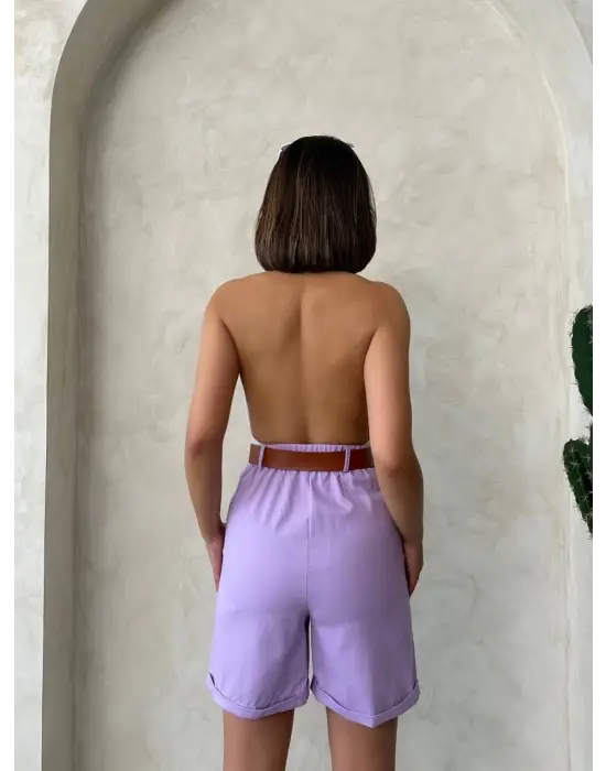 Kemerli Gabardin Şort Lila S25735