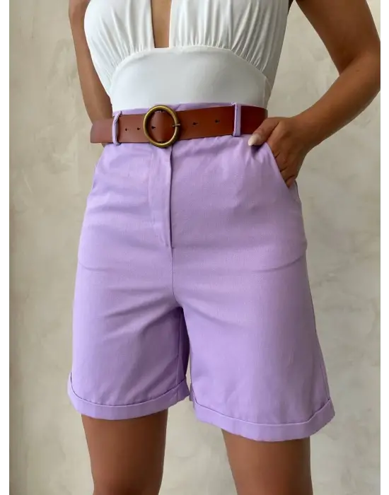 Kemerli Gabardin Şort Lila S25735