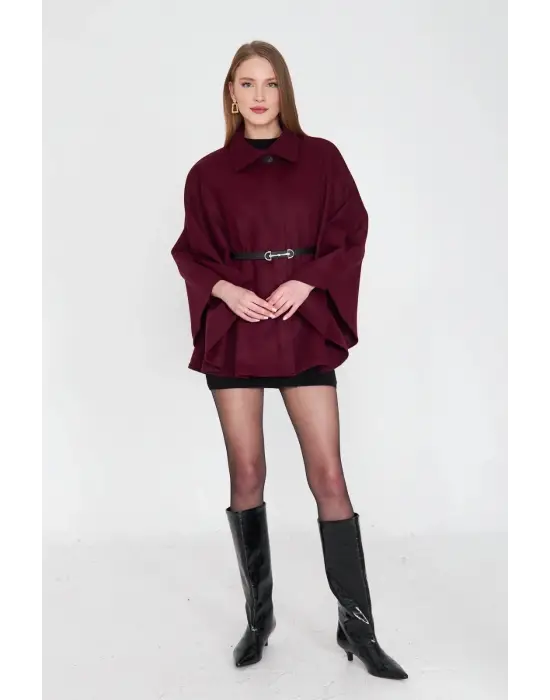 Kemerli Kaşe Panço Bordo Pt