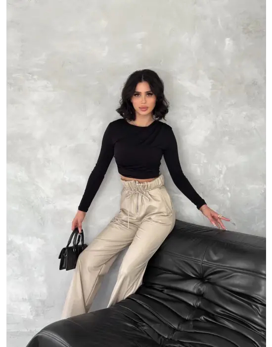 Kendinden İnce Kemerli Deri Pantolon Bej T1178
