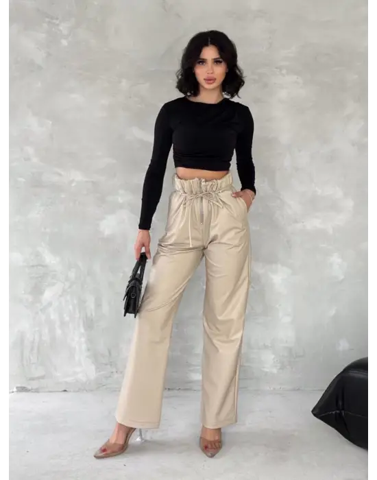 Kendinden İnce Kemerli Deri Pantolon Bej T1178