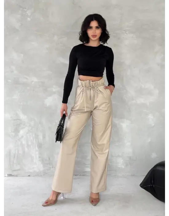 Kendinden İnce Kemerli Deri Pantolon Bej T1178