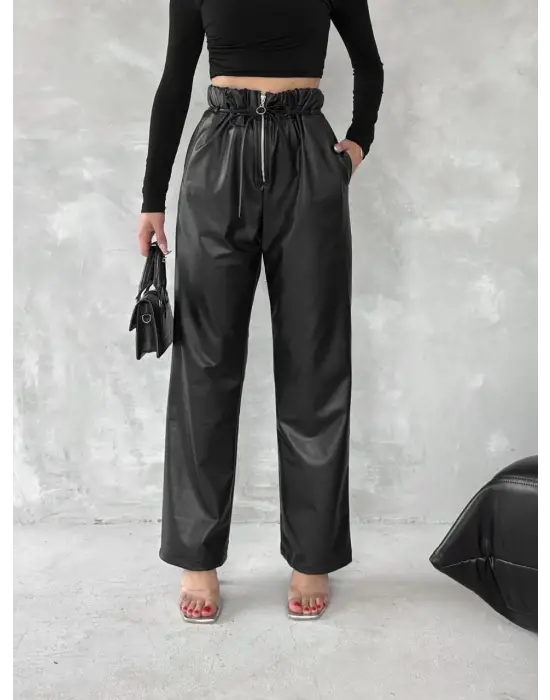 Kendinden İnce Kemerli Deri Pantolon Siyah T1178