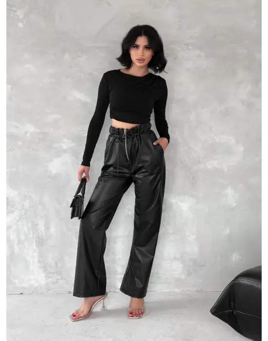 Kendinden İnce Kemerli Deri Pantolon Siyah T1178