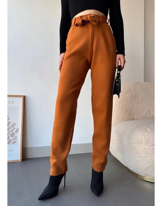 Kendinden Kemerli Triko Pantolon Camel
