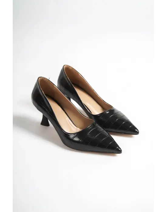 Kery Kadın Kroko Siyah Topuklu Ayakkabı