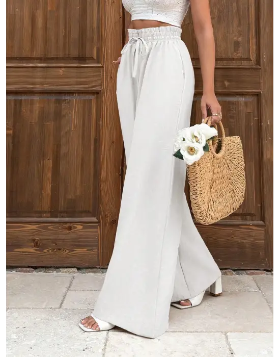 Keten Bağcıklı Beyaz Pantolon