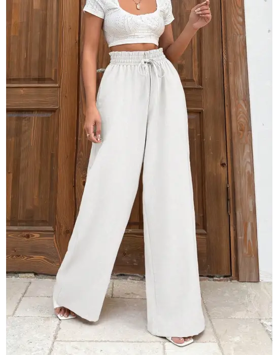 Keten Bağcıklı Beyaz Pantolon