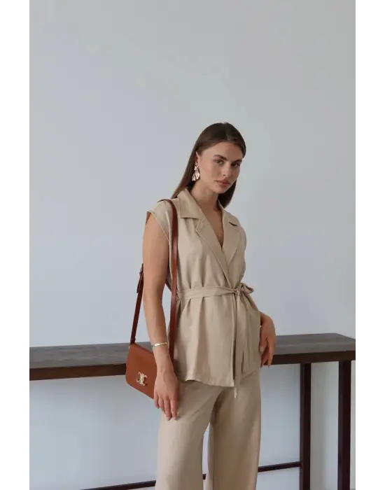 Keten Yelek Pantolon Takım Bej Pt