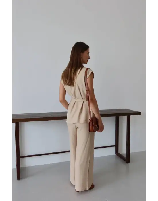 Keten Yelek Pantolon Takım Bej Pt