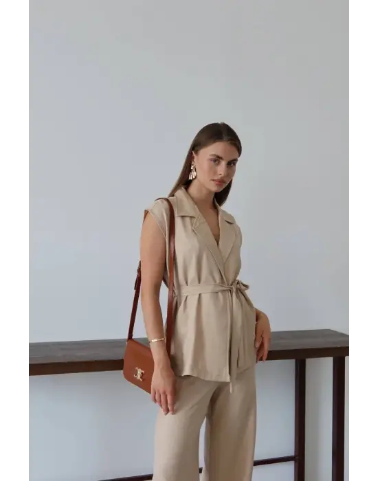 Keten Yelek Pantolon Takım Bej Pt