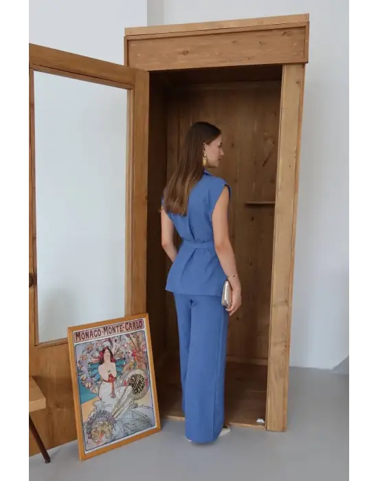 Keten Yelek Pantolon Takım İndigo Pt