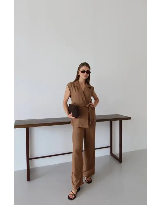 Keten Yelek Pantolon Takım Kahve Pt