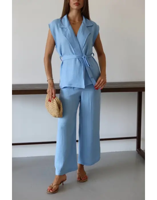 Keten Yelek Pantolon Takım Mavi Pt