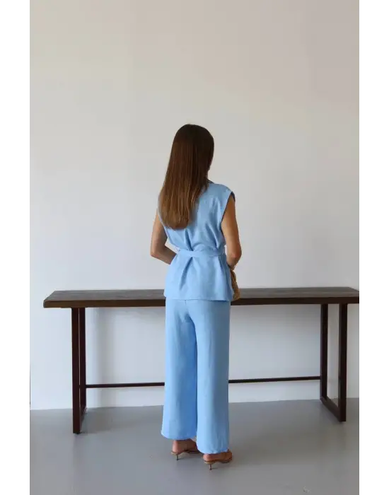 Keten Yelek Pantolon Takım Mavi Pt