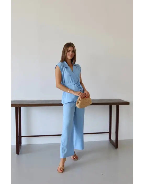 Keten Yelek Pantolon Takım Mavi Pt