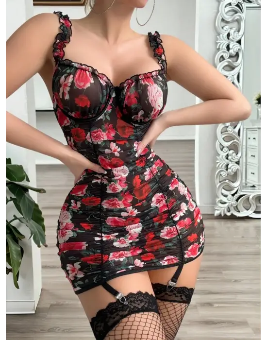 Kırmızı Çiçek Aksesuarlı Romantik Kadın Gecelik( Çoraplar Dahil Değildir )