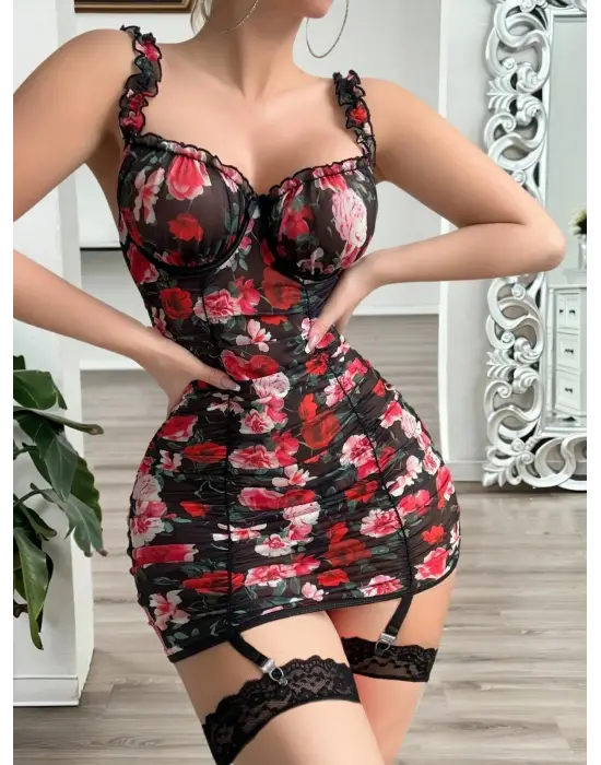 Kırmızı Çiçek Aksesuarlı Romantik Kadın Gecelik( Çoraplar Dahil Değildir )