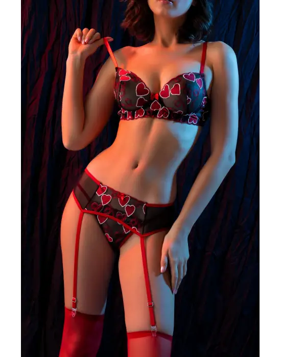 Kırmızı Dantel Jartiyerli 4’lü Fantazi İç Giyim Takımı,transparan Ayarlanabilir Askılı,kadın İçgiyim