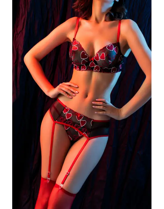 Kırmızı Dantel Jartiyerli 4’lü Fantazi İç Giyim Takımı,transparan Ayarlanabilir Askılı,kadın İçgiyim