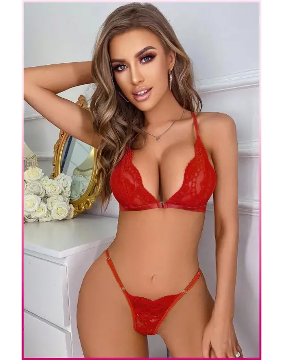 Kırmızı Dantel Sırt Kalp Aksesuar Seksi Sütyen Külot Takım