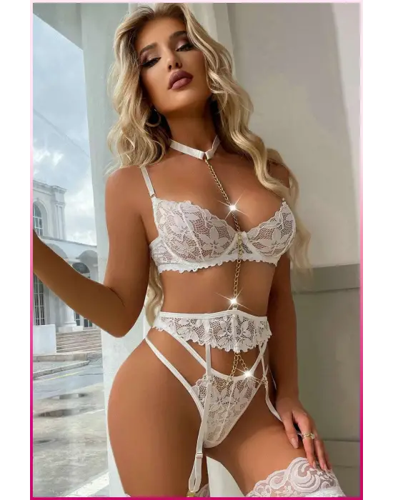 Kırmızı Göğüs Balenli Dantelli Zincir Detaylı Seksi Jartiyer Takım