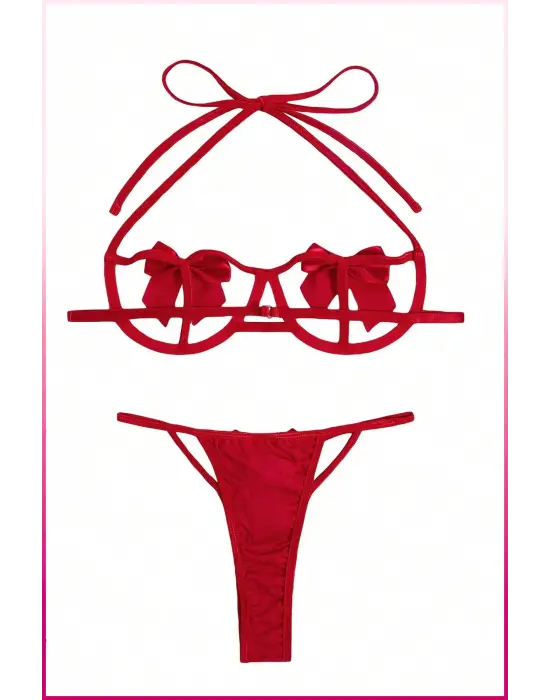 Kırmızı Göğüs Fiyonklu Balenli Sütyen Külot Takım