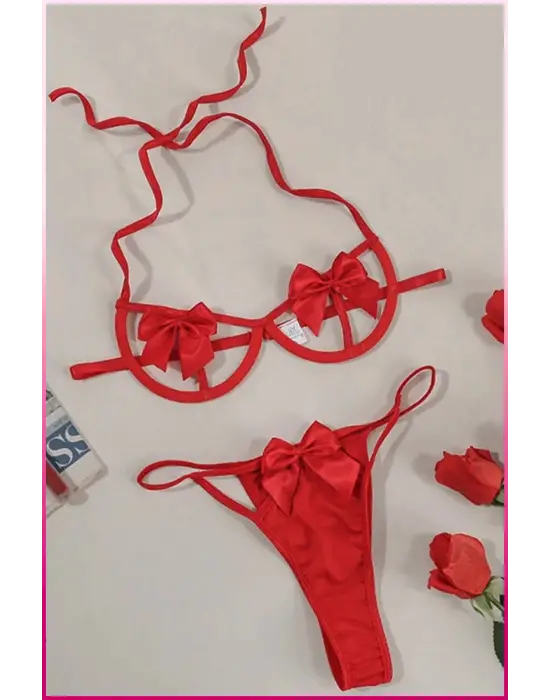 Kırmızı Göğüs Fiyonklu Balenli Sütyen Külot Takım