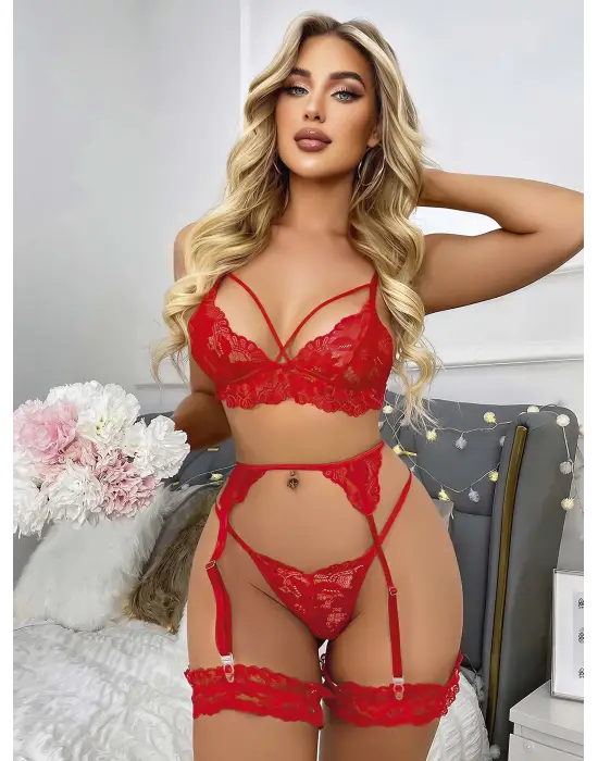 Kırmızı Jartiyer Fantazi Takım