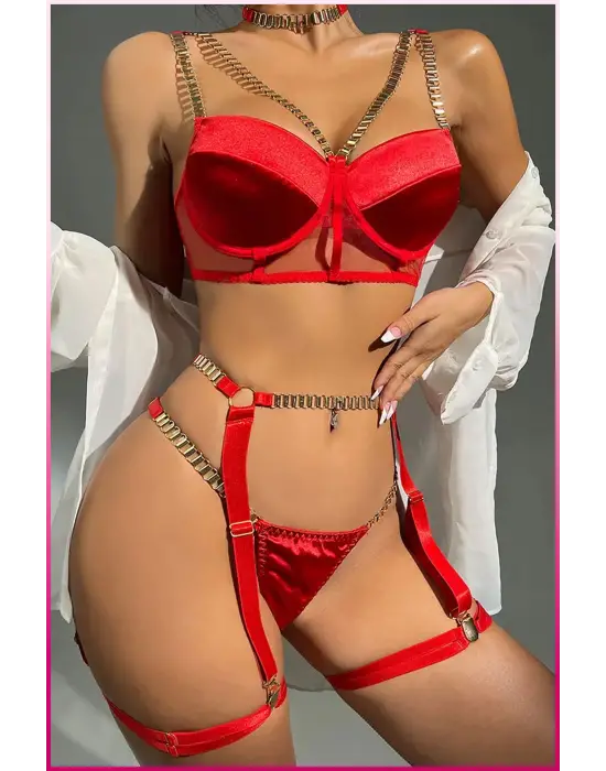 Kırmızı Merdiven Zincirli Göğüs Balenli Kadın Seksi Jartiyer Takım