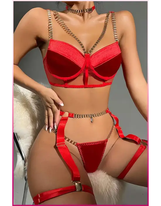 Kırmızı Merdiven Zincirli Göğüs Balenli Kadın Seksi Jartiyer Takım