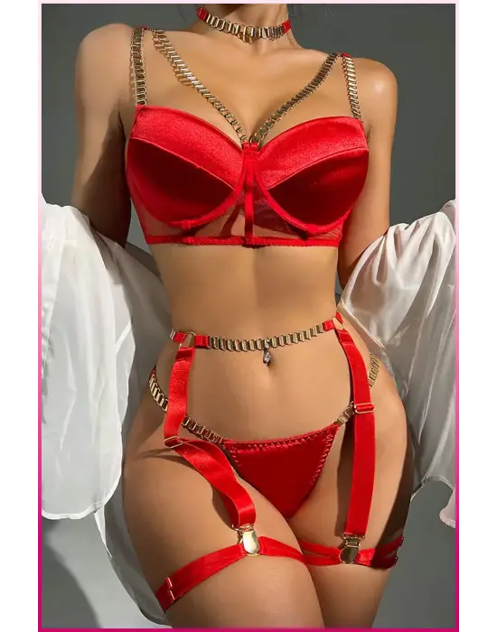 Kırmızı Merdiven Zincirli Göğüs Balenli Kadın Seksi Jartiyer Takım