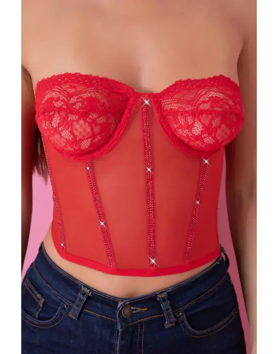 Kırmızı Özel Tasarım Taşlı  Büstiyer