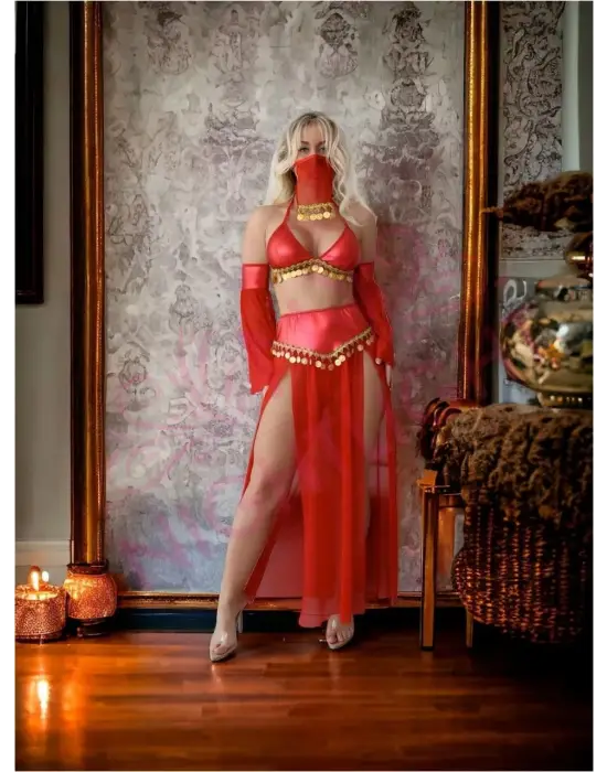 Kırmızı Peçeli Dansöz Kıyefeti