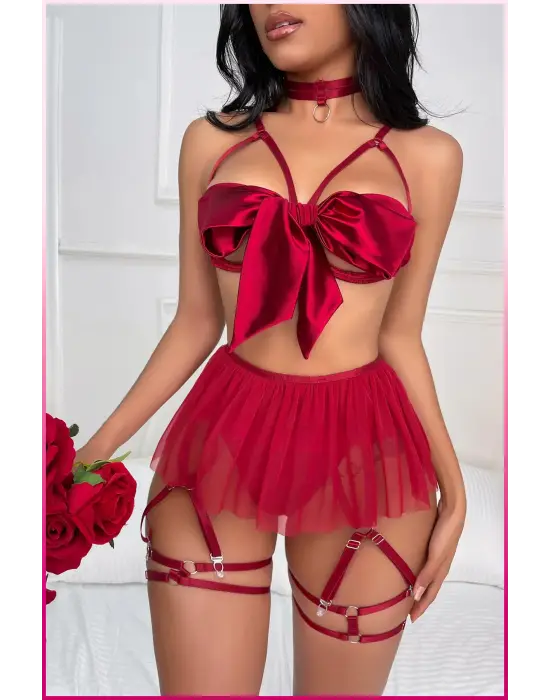 Kırmızı Saten Fiyonk Detaylı Özel Tasarım İç Giyim Seti