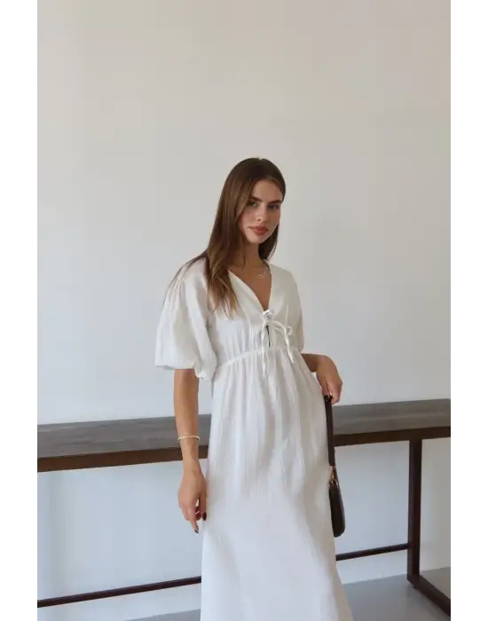 Kısa Kollu Müslin Elbise Beyaz Pt