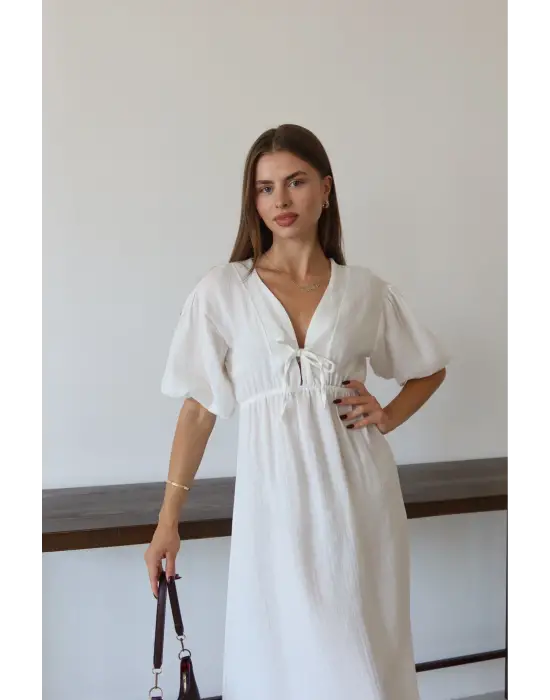 Kısa Kollu Müslin Elbise Beyaz Pt